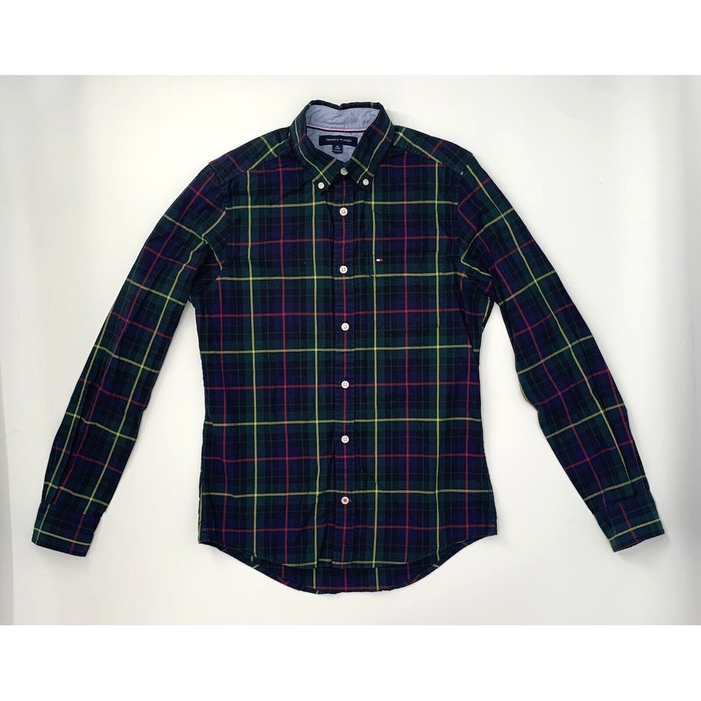Tommy Hilfiger Navy Blue Plaid Long Sleeve Button Up Men's Shirt Size XS - Picture 6 of 9